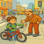 پسر دوچرخه سوار و غریبه در خیابان شلوغ